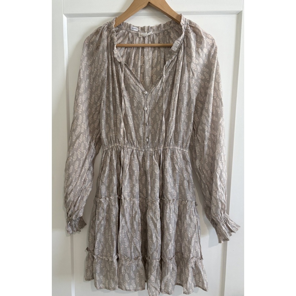 By The River Leaf Print Mini Dress Womens Large Tan Tiered Ruffle Boho Cottage